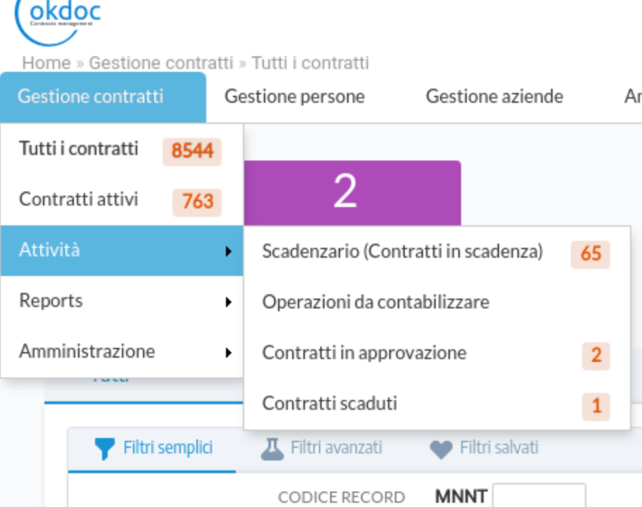 Menu header di navigazione